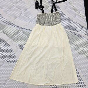 Timing Women's Smocked Tie Shoulder Fit & Flare White & Black Midi Dress - L
